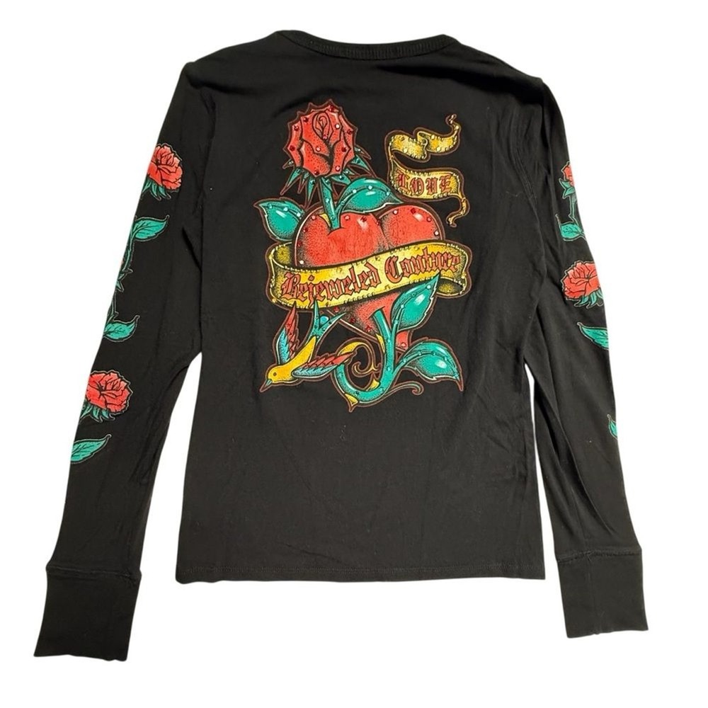 Bejeweled Y2K Rhinestone Tattoo Rose Heart Graphic Long Sleeve Tee  XS